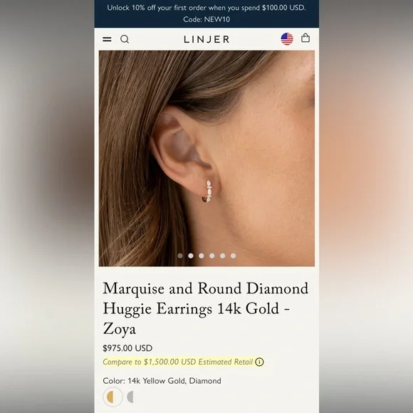 Linjer Zoya Huggie Earrings 14K Yellow Gold and Lab Grown Diamonds - Picture 2 of 4